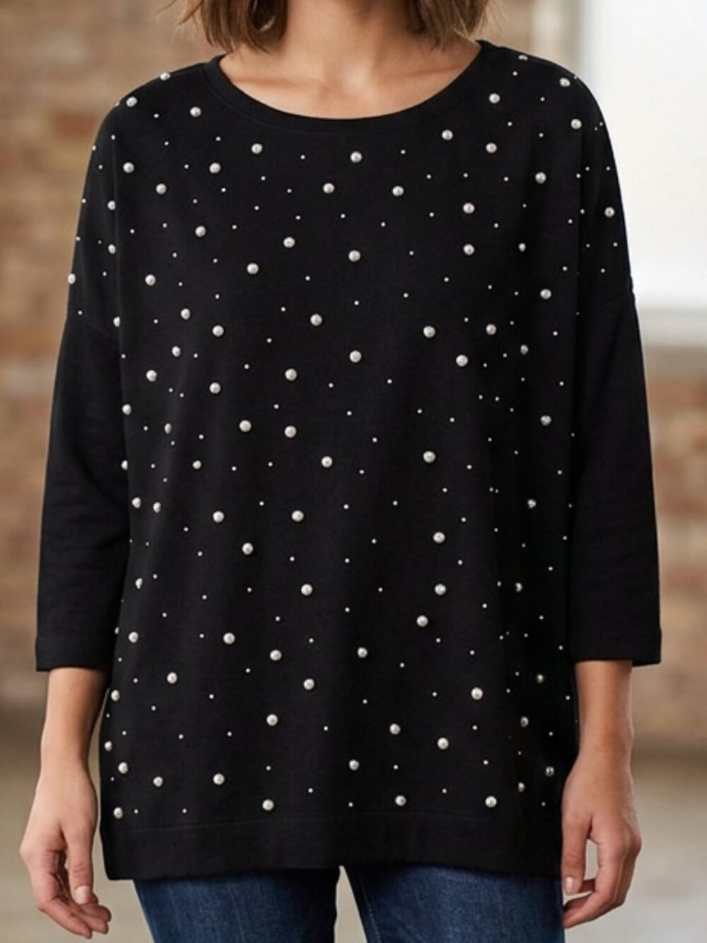 Peter Nygard Black 3/4 Sleeve Oversized Embellished Top